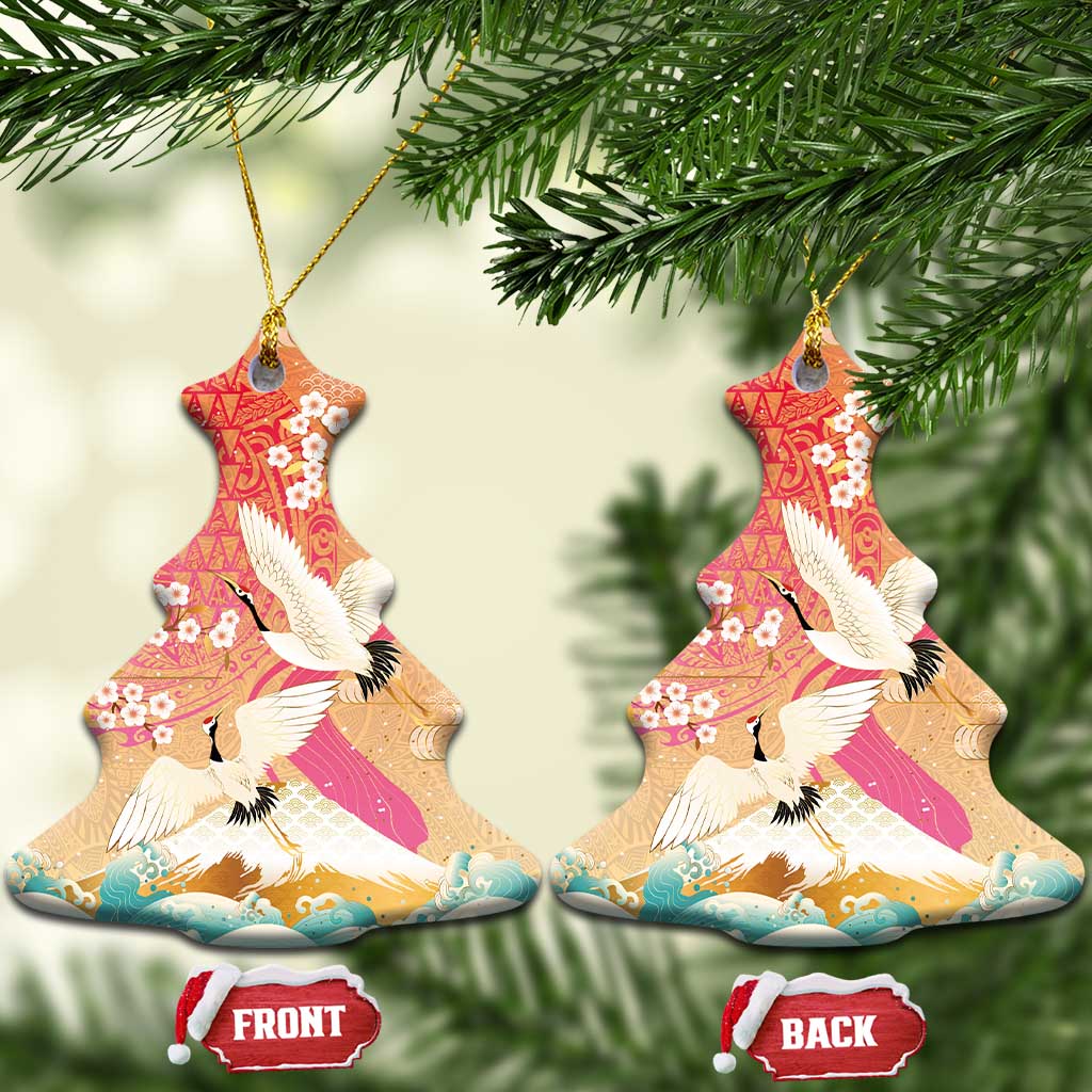 Hawaiian and Japanese Culture Together Ceramic Ornament Kakau Art Tattoo with Cranes and Sakura Spring Vibe LT03 Christmas Tree Multicolor - Polynesian Pride