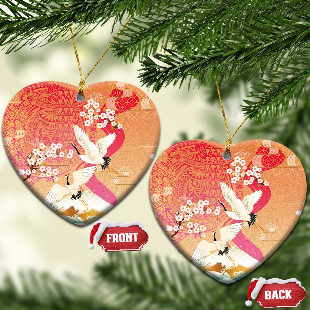 Hawaiian and Japanese Culture Together Ceramic Ornament Kakau Art Tattoo with Cranes and Sakura Spring Vibe LT03 Heart Multicolor - Polynesian Pride