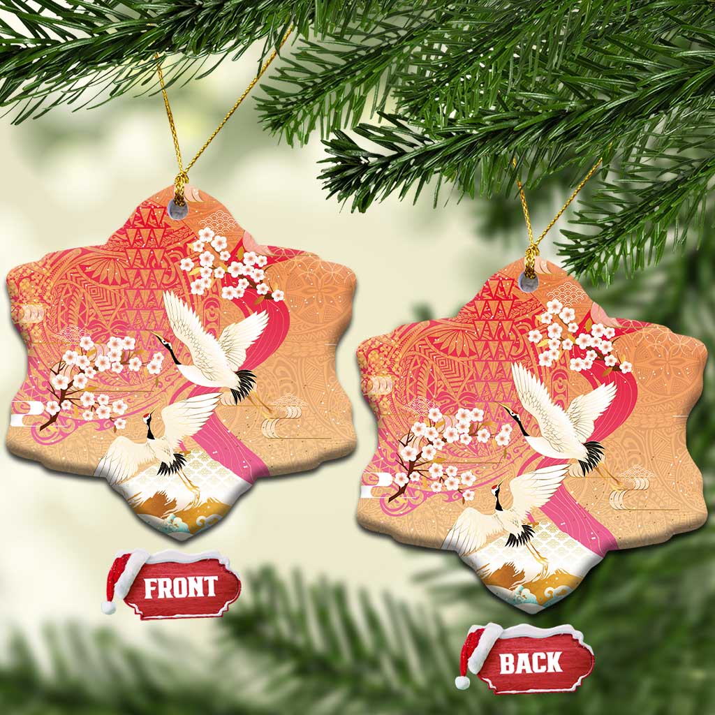 Hawaiian and Japanese Culture Together Ceramic Ornament Kakau Art Tattoo with Cranes and Sakura Spring Vibe LT03 Snow Flake Multicolor - Polynesian Pride