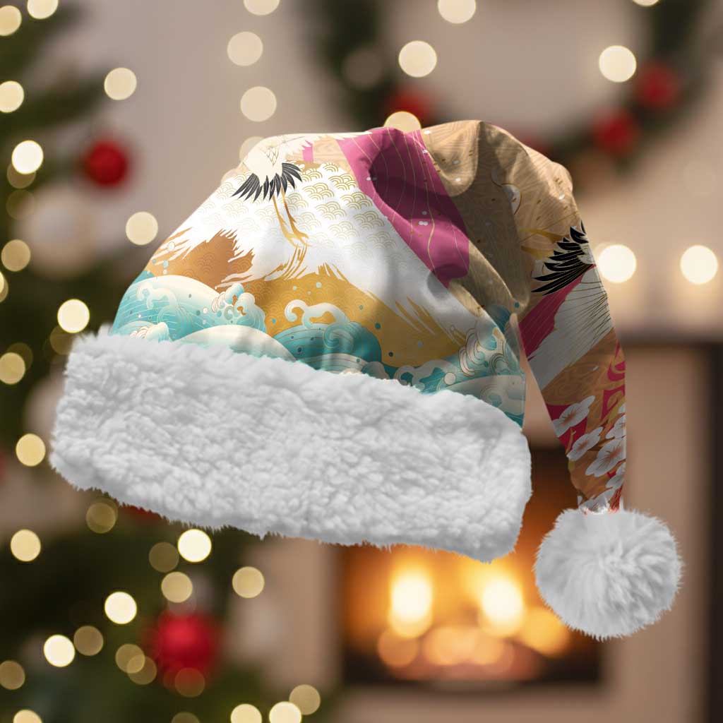 Hawaiian and Japanese Culture Together Christmas Santa Hat Kakau Art Tattoo with Cranes and Sakura Spring Vibe LT03 With Fur Multicolor - Polynesian Pride