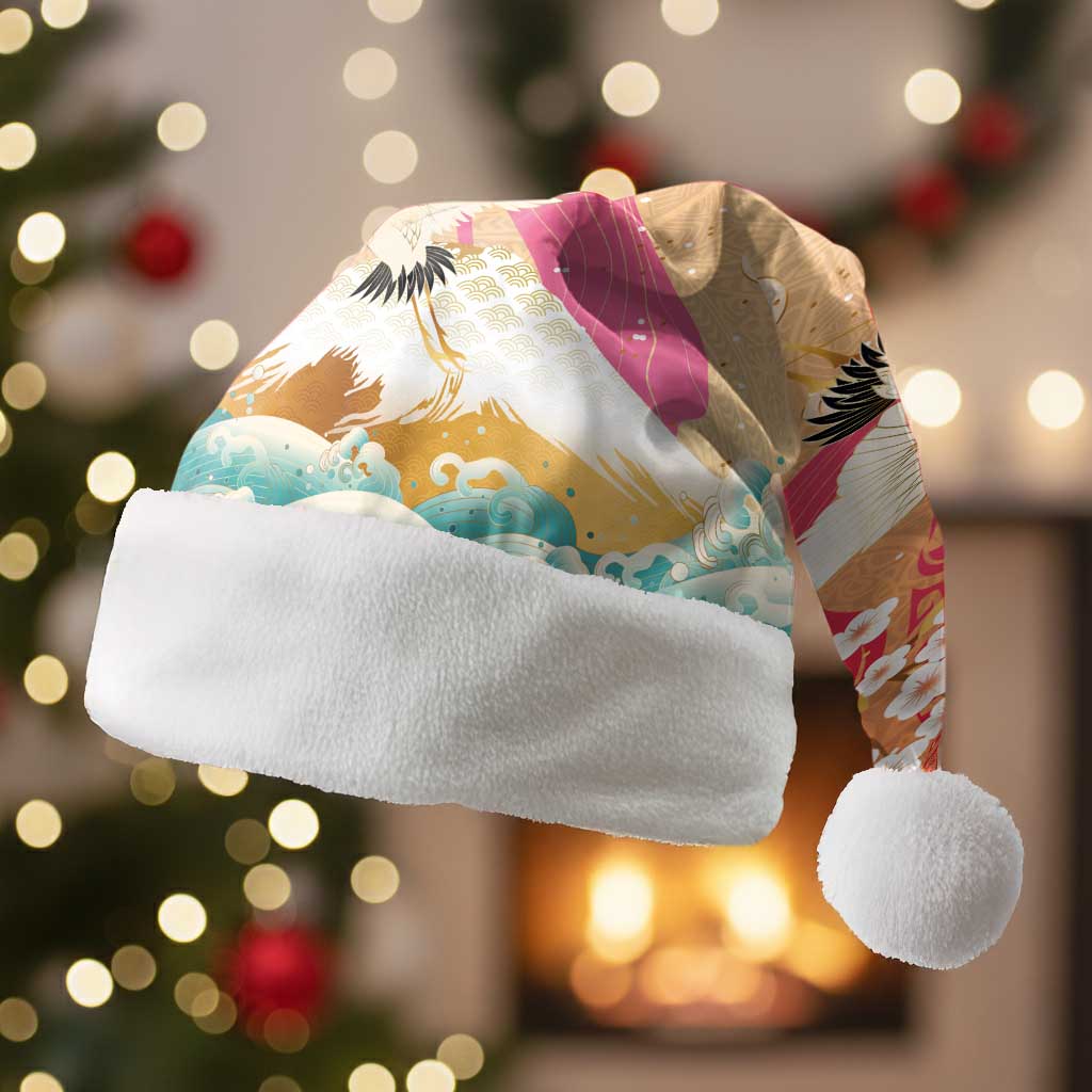 Hawaiian and Japanese Culture Together Christmas Santa Hat Kakau Art Tattoo with Cranes and Sakura Spring Vibe LT03 Without Fur Multicolor - Polynesian Pride