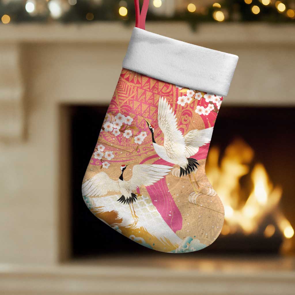 Hawaiian and Japanese Culture Together Christmas Stocking Kakau Art Tattoo with Cranes and Sakura Spring Vibe LT03 Set of 2 Multicolor - Polynesian Pride