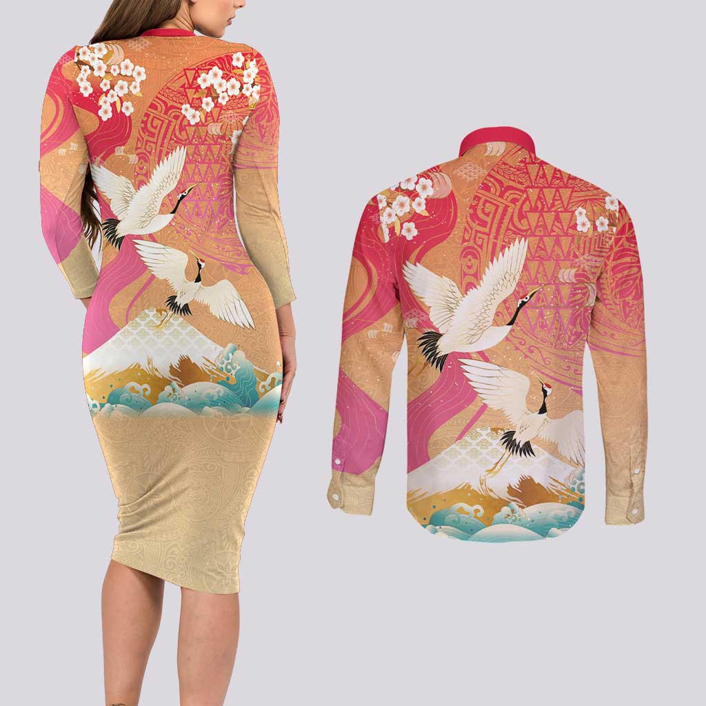 Hawaiian and Japanese Culture Together Couples Matching Long Sleeve Bodycon Dress and Long Sleeve Button Shirt Kakau Art Tattoo with Cranes and Sakura Spring Vibe LT03 - Polynesian Pride