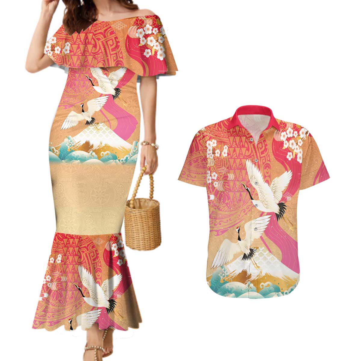 Hawaiian and Japanese Culture Together Couples Matching Mermaid Dress and Hawaiian Shirt Kakau Art Tattoo with Cranes and Sakura Spring Vibe - Polynesian Pride