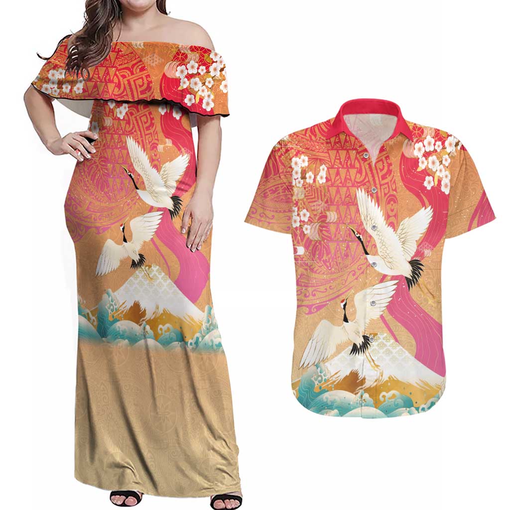Hawaiian and Japanese Culture Together Couples Matching Off Shoulder Maxi Dress and Hawaiian Shirt Kakau Art Tattoo with Cranes and Sakura Spring Vibe LT03 Multicolor - Polynesian Pride