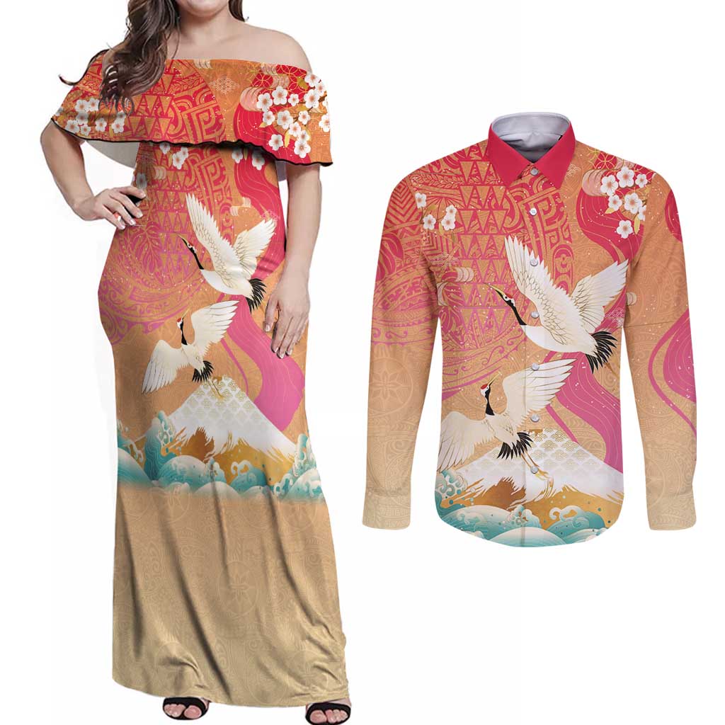 Hawaiian and Japanese Culture Together Couples Matching Off Shoulder Maxi Dress and Long Sleeve Button Shirt Kakau Art Tattoo with Cranes and Sakura Spring Vibe LT03 Multicolor - Polynesian Pride