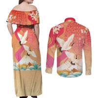 Hawaiian and Japanese Culture Together Couples Matching Off Shoulder Maxi Dress and Long Sleeve Button Shirt Kakau Art Tattoo with Cranes and Sakura Spring Vibe LT03 - Polynesian Pride