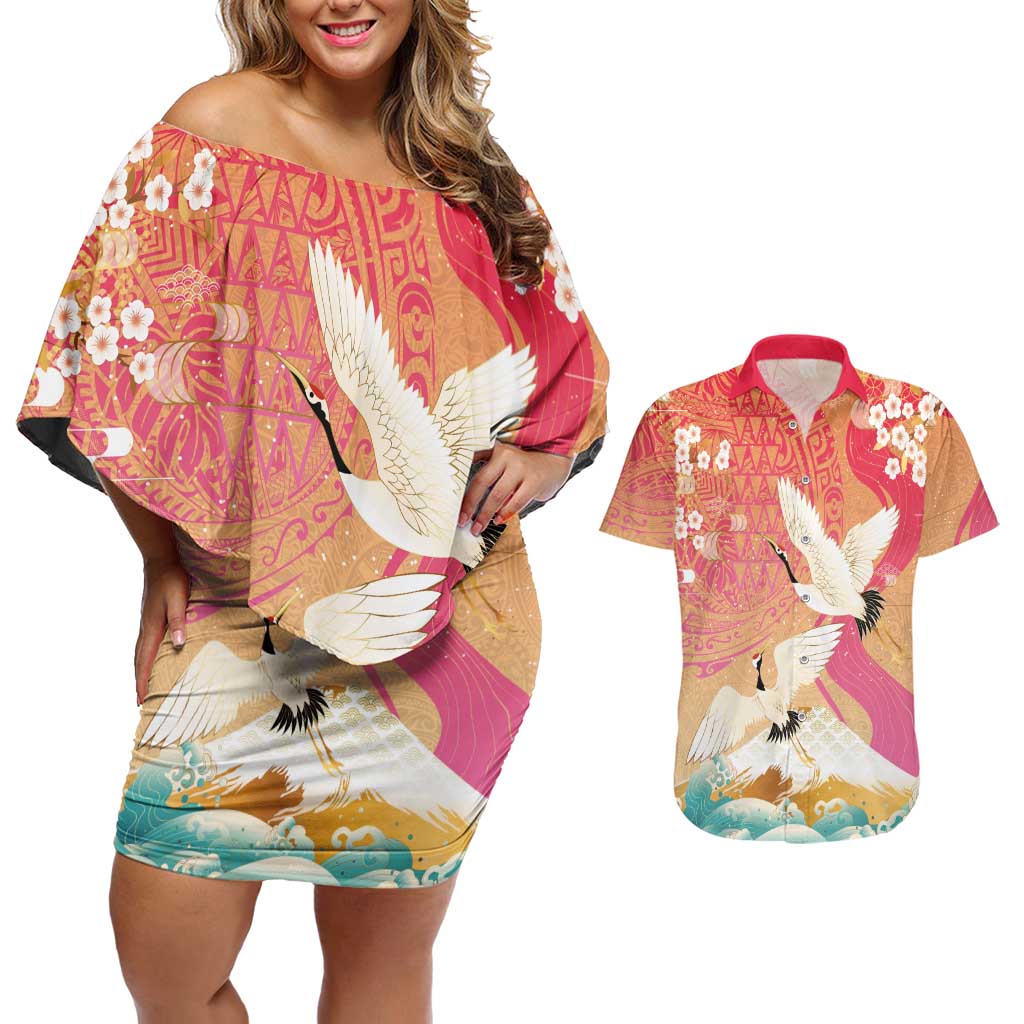 Hawaiian and Japanese Culture Together Couples Matching Off Shoulder Short Dress and Hawaiian Shirt Kakau Art Tattoo with Cranes and Sakura Spring Vibe LT03 Multicolor - Polynesian Pride