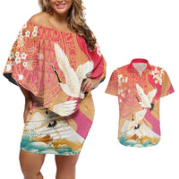 Hawaiian and Japanese Culture Together Couples Matching Off Shoulder Short Dress and Hawaiian Shirt Kakau Art Tattoo with Cranes and Sakura Spring Vibe LT03 Multicolor - Polynesian Pride