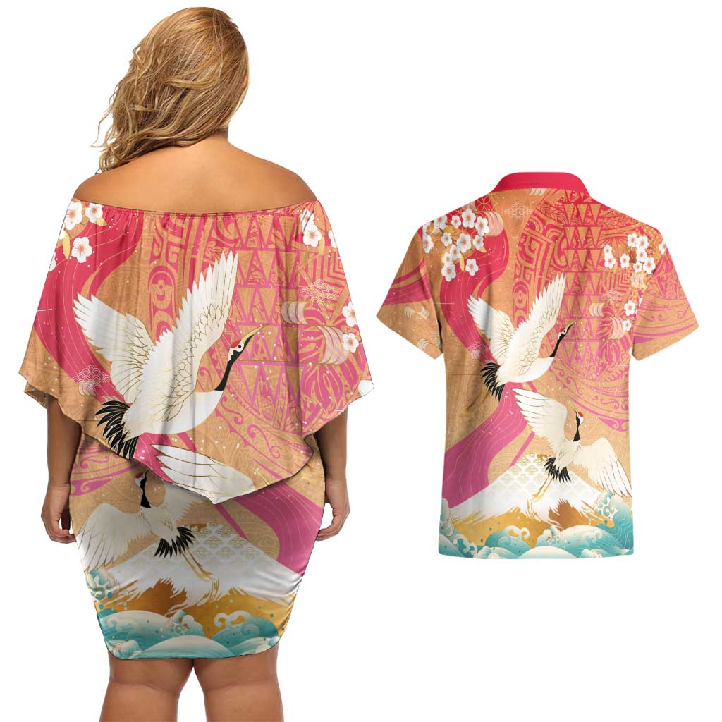 Hawaiian and Japanese Culture Together Couples Matching Off Shoulder Short Dress and Hawaiian Shirt Kakau Art Tattoo with Cranes and Sakura Spring Vibe LT03 - Polynesian Pride