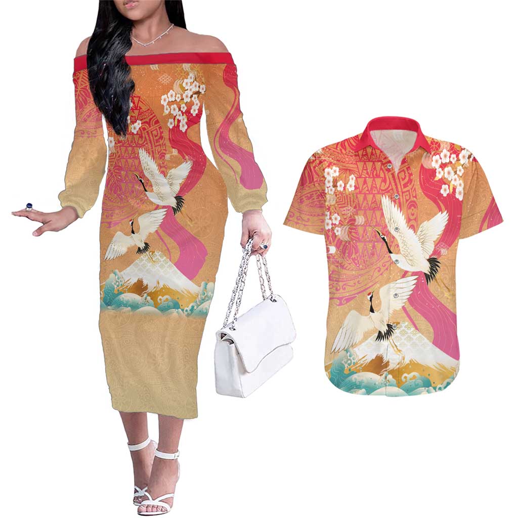 Hawaiian and Japanese Culture Together Couples Matching Off The Shoulder Long Sleeve Dress and Hawaiian Shirt Kakau Art Tattoo with Cranes and Sakura Spring Vibe - Polynesian Pride