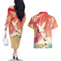 Hawaiian and Japanese Culture Together Couples Matching Off The Shoulder Long Sleeve Dress and Hawaiian Shirt Kakau Art Tattoo with Cranes and Sakura Spring Vibe LT03 - Polynesian Pride