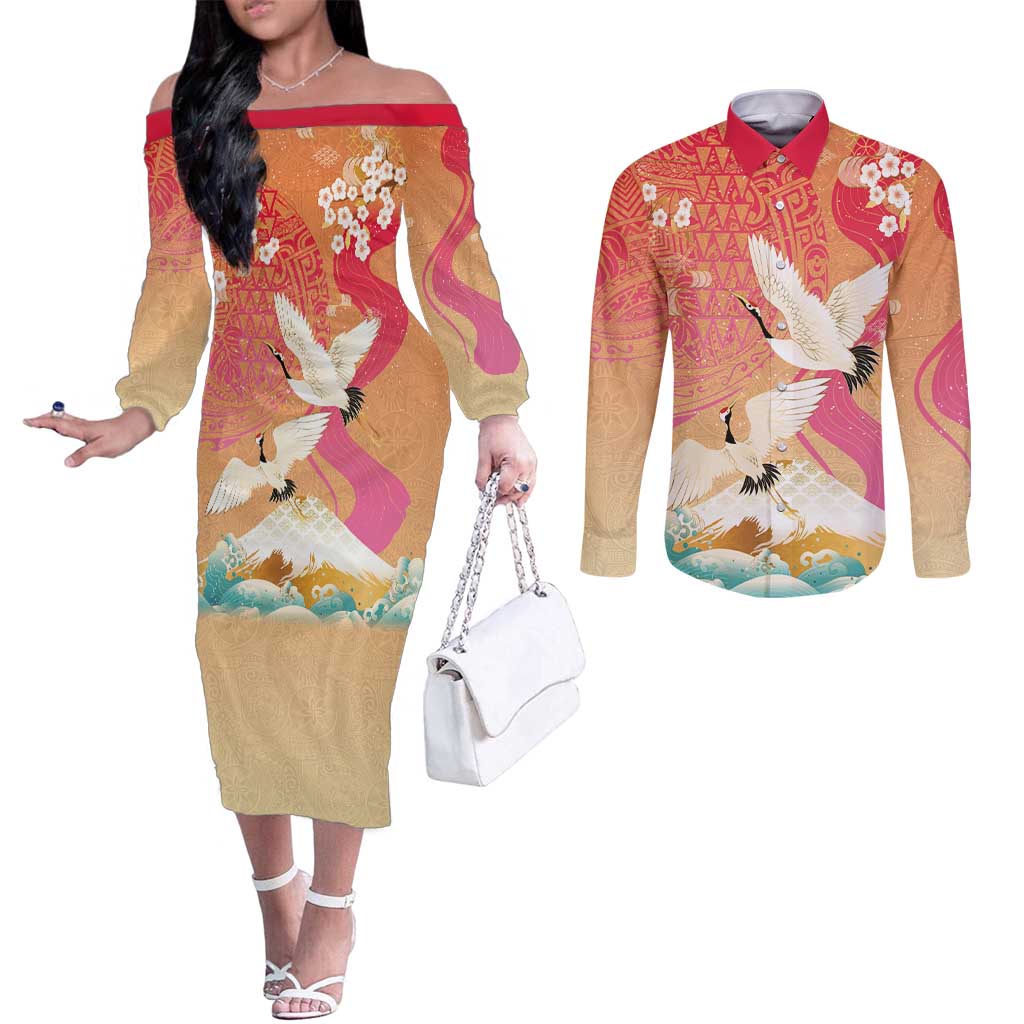 Hawaiian and Japanese Culture Together Couples Matching Off The Shoulder Long Sleeve Dress and Long Sleeve Button Shirt Kakau Art Tattoo with Cranes and Sakura Spring Vibe LT03 Multicolor - Polynesian Pride