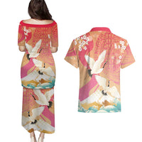 Hawaiian and Japanese Culture Together Couples Matching Puletasi and Hawaiian Shirt Kakau Art Tattoo with Cranes and Sakura Spring Vibe LT03 - Polynesian Pride