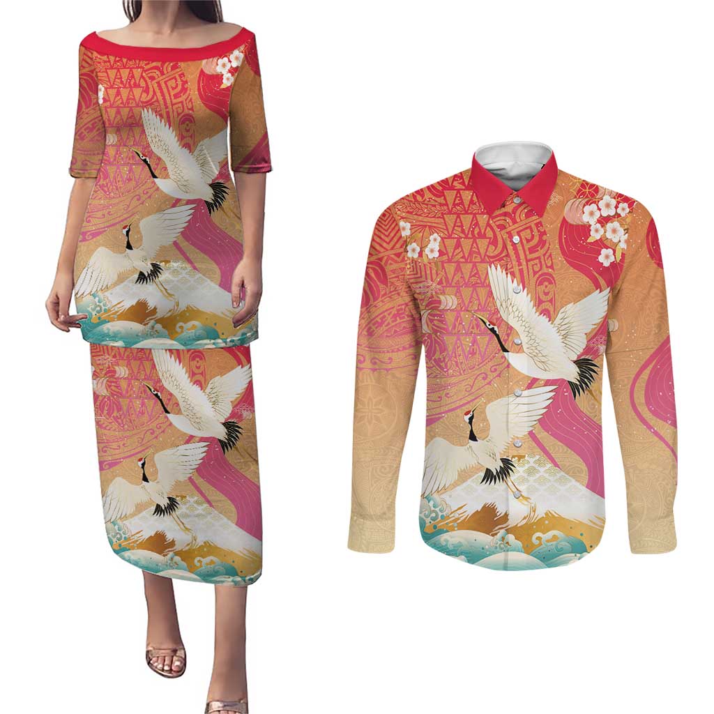 Hawaiian and Japanese Culture Together Couples Matching Puletasi and Long Sleeve Button Shirt Kakau Art Tattoo with Cranes and Sakura Spring Vibe LT03 Multicolor - Polynesian Pride