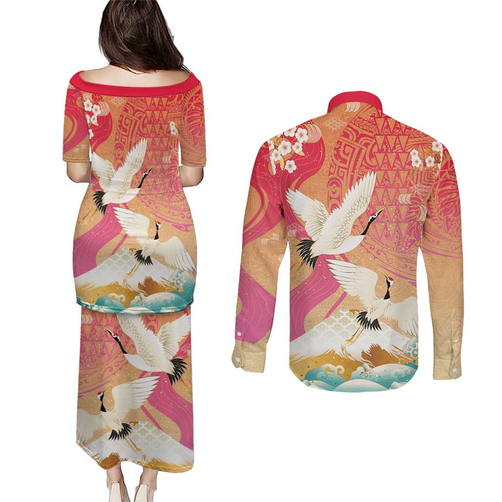 Hawaiian and Japanese Culture Together Couples Matching Puletasi and Long Sleeve Button Shirt Kakau Art Tattoo with Cranes and Sakura Spring Vibe LT03 - Polynesian Pride