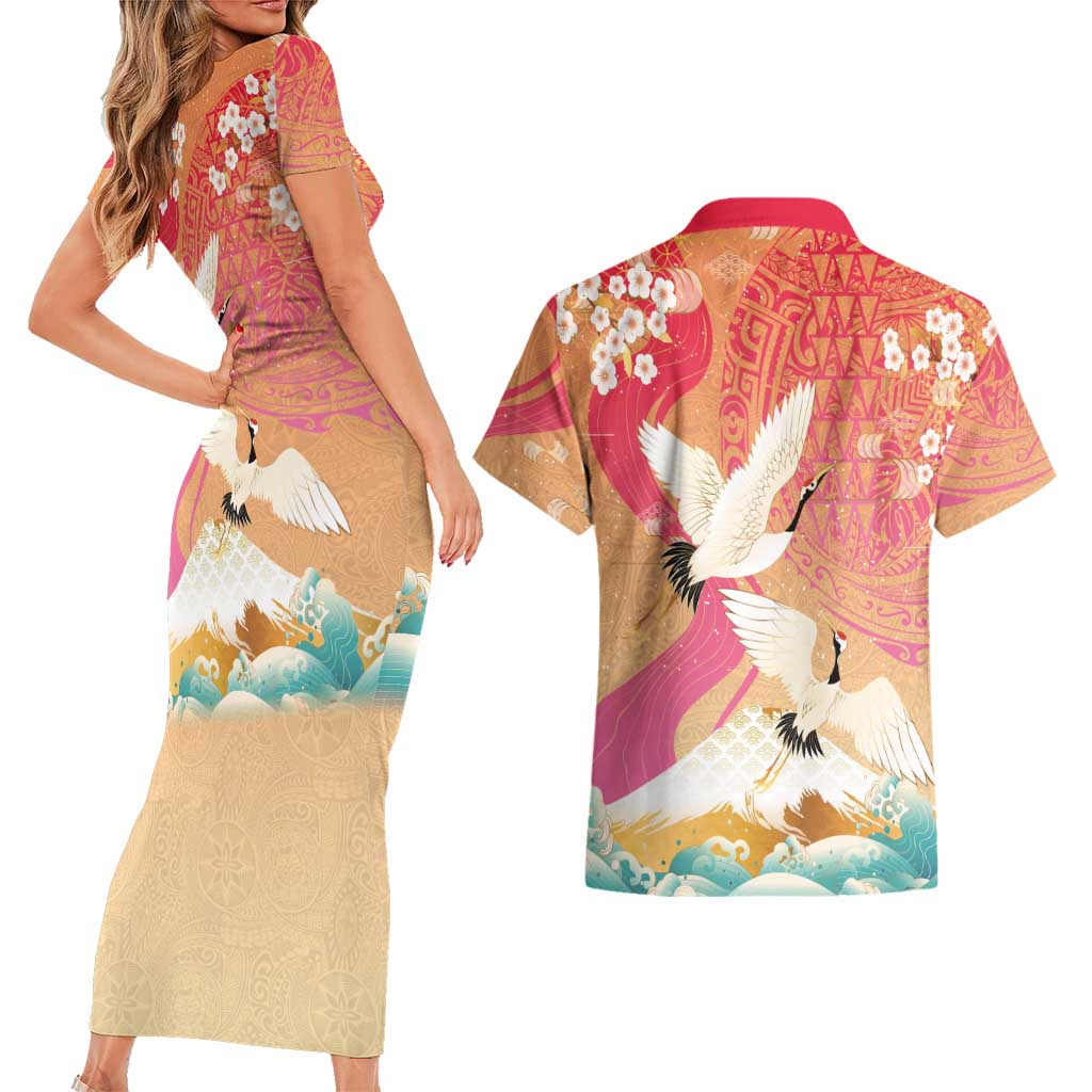 Hawaiian and Japanese Culture Together Couples Matching Short Sleeve Bodycon Dress and Hawaiian Shirt Kakau Art Tattoo with Cranes and Sakura Spring Vibe LT03 - Polynesian Pride