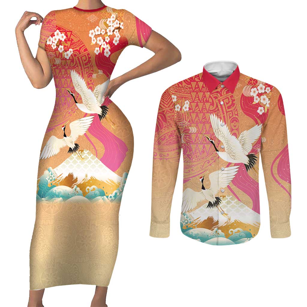 Hawaiian and Japanese Culture Together Couples Matching Short Sleeve Bodycon Dress and Long Sleeve Button Shirt Kakau Art Tattoo with Cranes and Sakura Spring Vibe LT03 Multicolor - Polynesian Pride