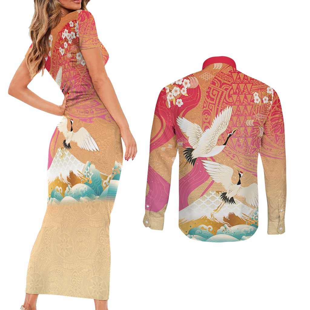 Hawaiian and Japanese Culture Together Couples Matching Short Sleeve Bodycon Dress and Long Sleeve Button Shirt Kakau Art Tattoo with Cranes and Sakura Spring Vibe LT03 - Polynesian Pride