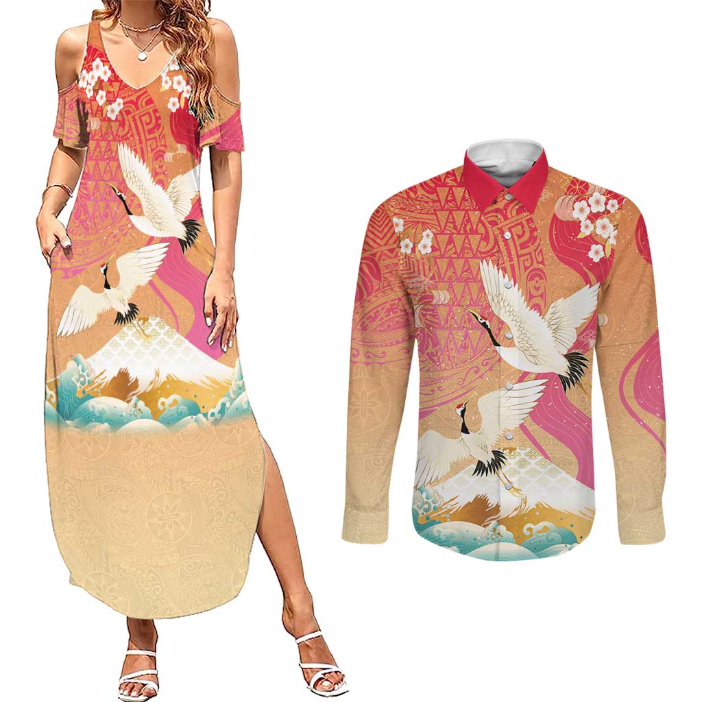 Hawaiian and Japanese Culture Together Couples Matching Summer Maxi Dress and Long Sleeve Button Shirt Kakau Art Tattoo with Cranes and Sakura Spring Vibe LT03 Multicolor - Polynesian Pride
