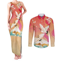 Hawaiian and Japanese Culture Together Couples Matching Tank Maxi Dress and Long Sleeve Button Shirt Kakau Art Tattoo with Cranes and Sakura Spring Vibe LT03 Multicolor - Polynesian Pride