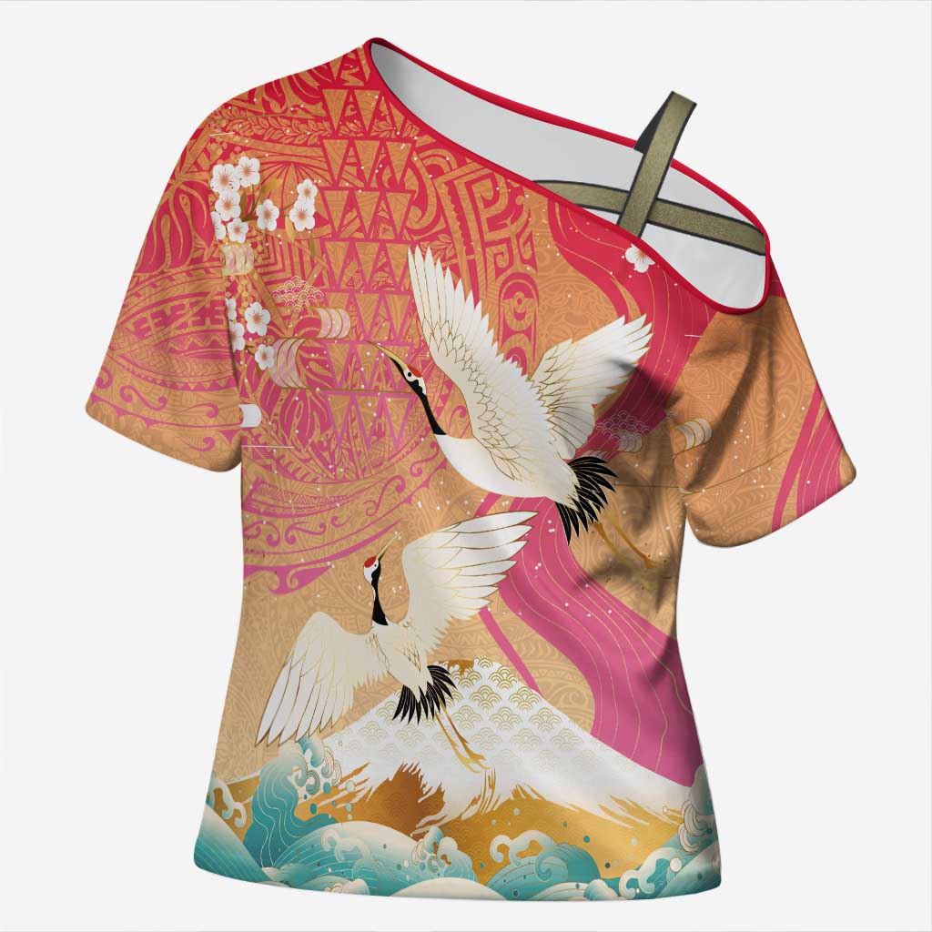 Hawaiian and Japanese Culture Together Cross Shoulder Shirt Kakau Art Tattoo with Cranes and Sakura Spring Vibe LT03 Female Multicolor - Polynesian Pride
