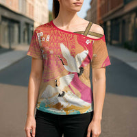 Hawaiian and Japanese Culture Together Cross Shoulder Shirt Kakau Art Tattoo with Cranes and Sakura Spring Vibe LT03 - Polynesian Pride