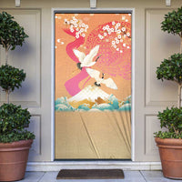 Hawaiian and Japanese Culture Together Door Cover Kakau Art Tattoo with Cranes and Sakura Spring Vibe LT03 Multicolor - Polynesian Pride