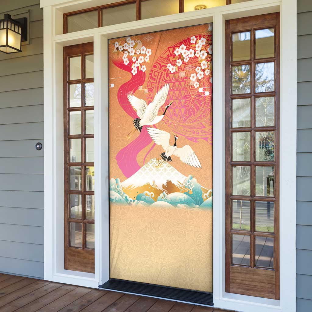 Hawaiian and Japanese Culture Together Door Cover Kakau Art Tattoo with Cranes and Sakura Spring Vibe LT03 - Polynesian Pride