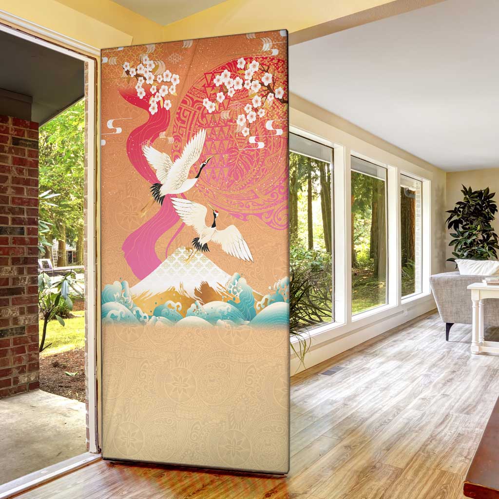 Hawaiian and Japanese Culture Together Door Cover Kakau Art Tattoo with Cranes and Sakura Spring Vibe LT03 - Polynesian Pride