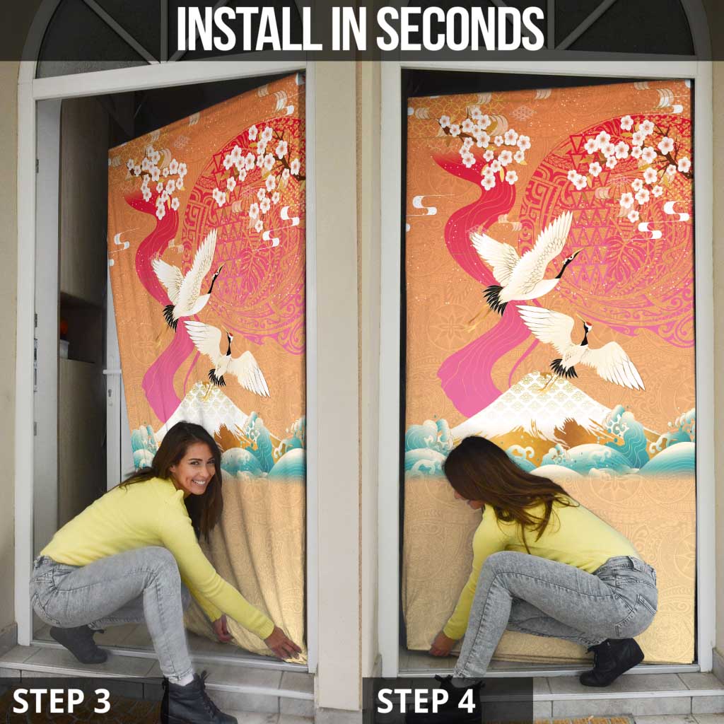 Hawaiian and Japanese Culture Together Door Cover Kakau Art Tattoo with Cranes and Sakura Spring Vibe LT03 - Polynesian Pride