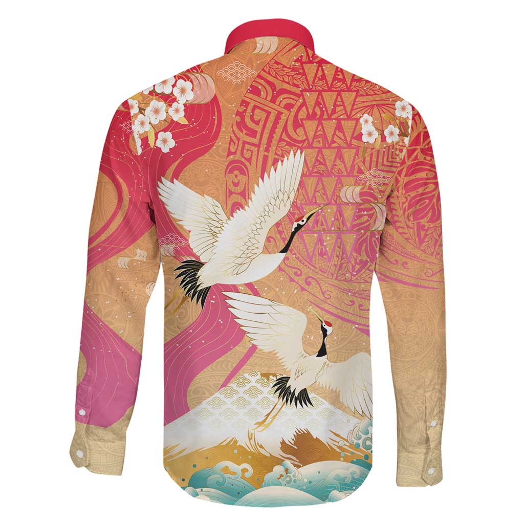 Hawaiian and Japanese Culture Together Family Matching Long Sleeve Bodycon Dress and Hawaiian Shirt Kakau Art Tattoo with Cranes and Sakura Spring Vibe LT03 - Polynesian Pride