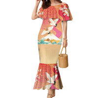 Hawaiian and Japanese Culture Together Family Matching Mermaid Dress and Hawaiian Shirt Kakau Art Tattoo with Cranes and Sakura Spring Vibe LT03 Mom's Dress Multicolor - Polynesian Pride