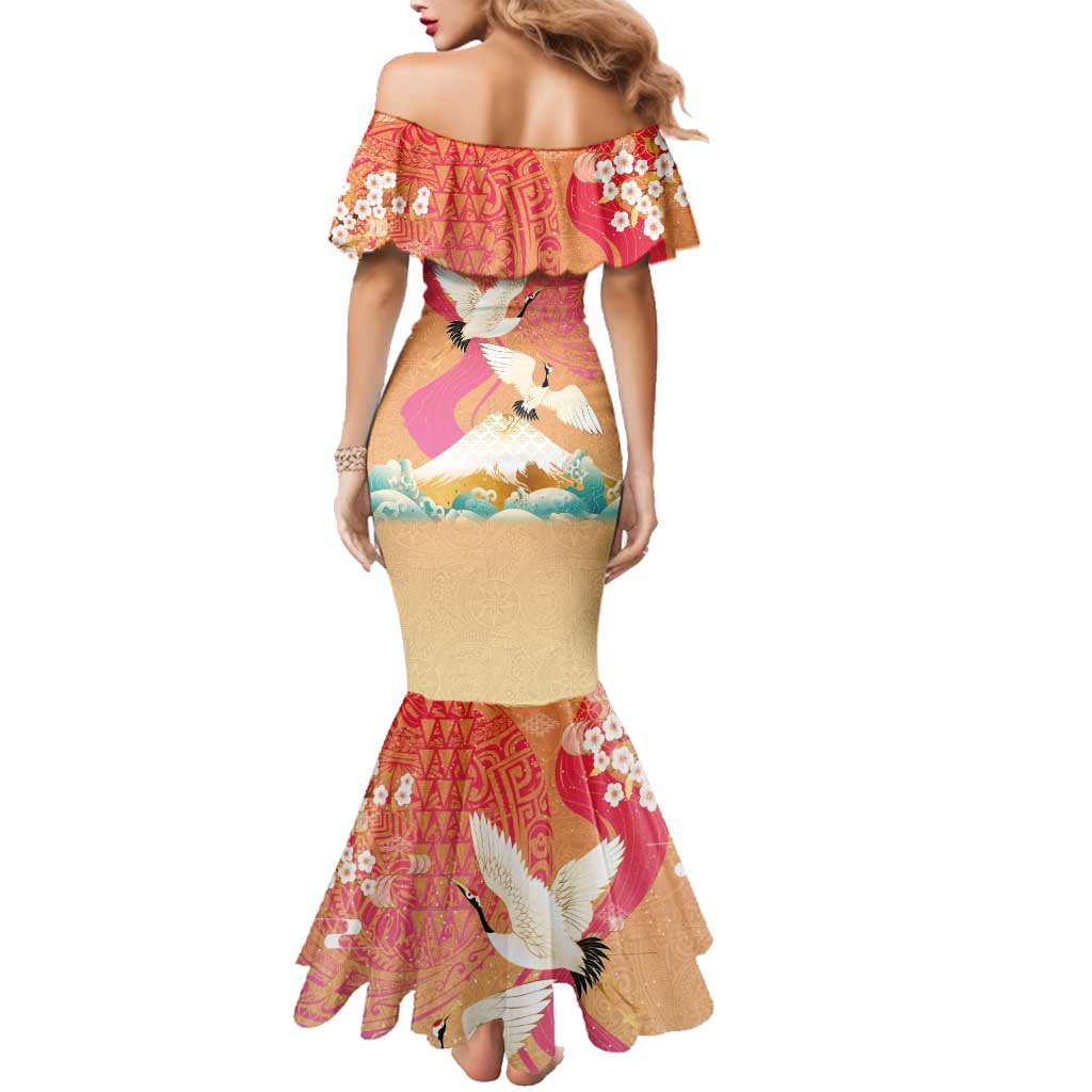 Hawaiian and Japanese Culture Together Family Matching Mermaid Dress and Hawaiian Shirt Kakau Art Tattoo with Cranes and Sakura Spring Vibe LT03 - Polynesian Pride