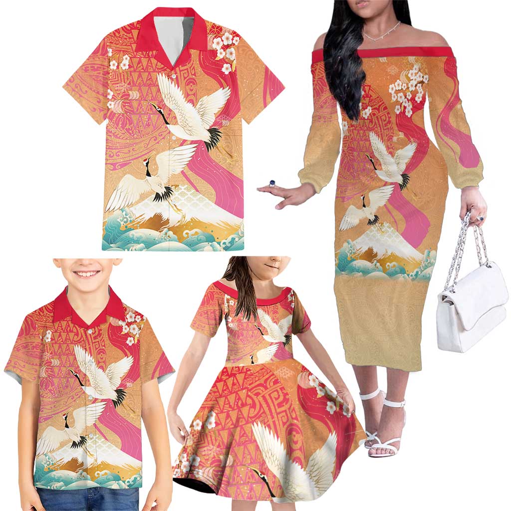 Hawaiian and Japanese Culture Together Family Matching Off The Shoulder Long Sleeve Dress and Hawaiian Shirt Kakau Art Tattoo with Cranes and Sakura Spring Vibe - Polynesian Pride