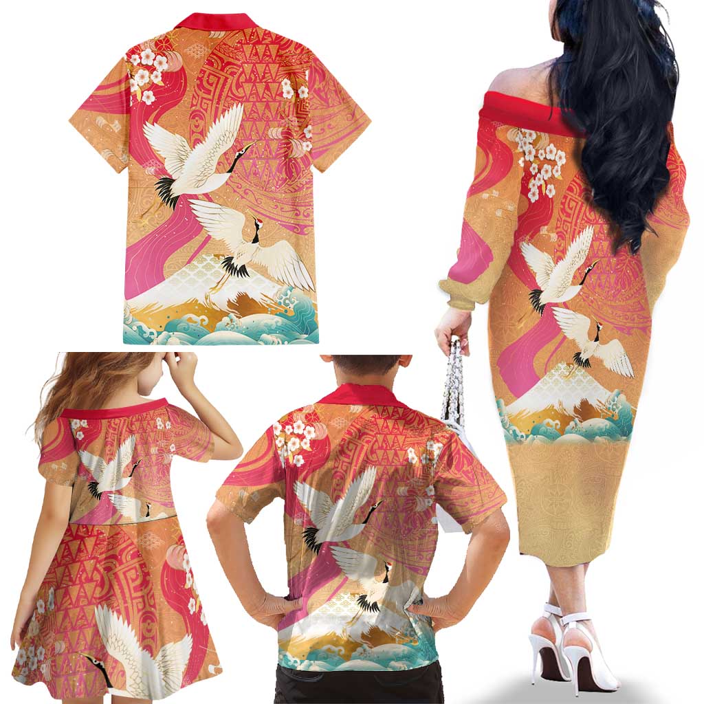 Hawaiian and Japanese Culture Together Family Matching Off The Shoulder Long Sleeve Dress and Hawaiian Shirt Kakau Art Tattoo with Cranes and Sakura Spring Vibe LT03 - Polynesian Pride