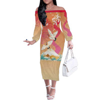 Hawaiian and Japanese Culture Together Family Matching Off The Shoulder Long Sleeve Dress and Hawaiian Shirt Kakau Art Tattoo with Cranes and Sakura Spring Vibe LT03 Mom's Dress Multicolor - Polynesian Pride
