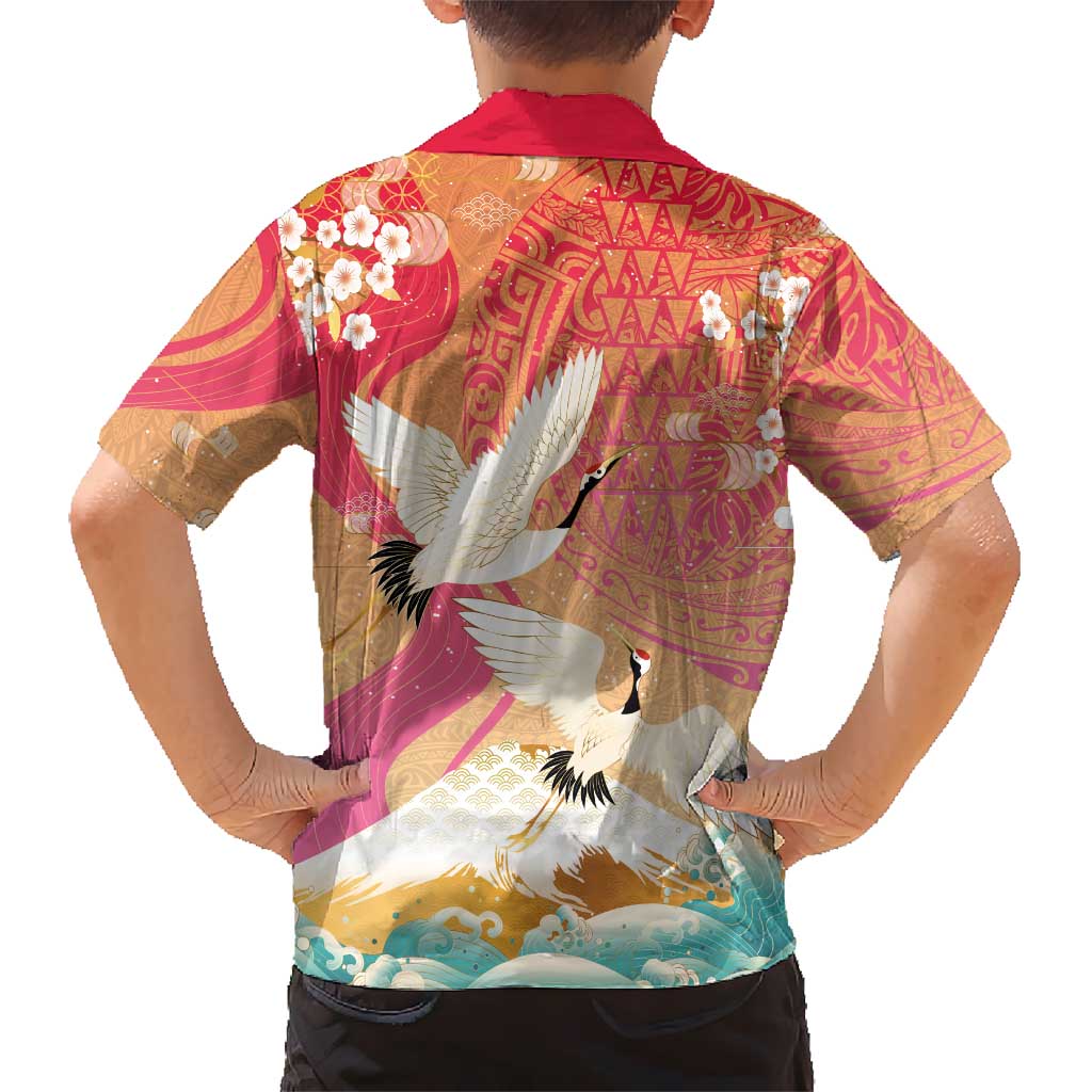 Hawaiian and Japanese Culture Together Family Matching Off Shoulder Maxi Dress and Hawaiian Shirt Kakau Art Tattoo with Cranes and Sakura Spring Vibe LT03 - Polynesian Pride
