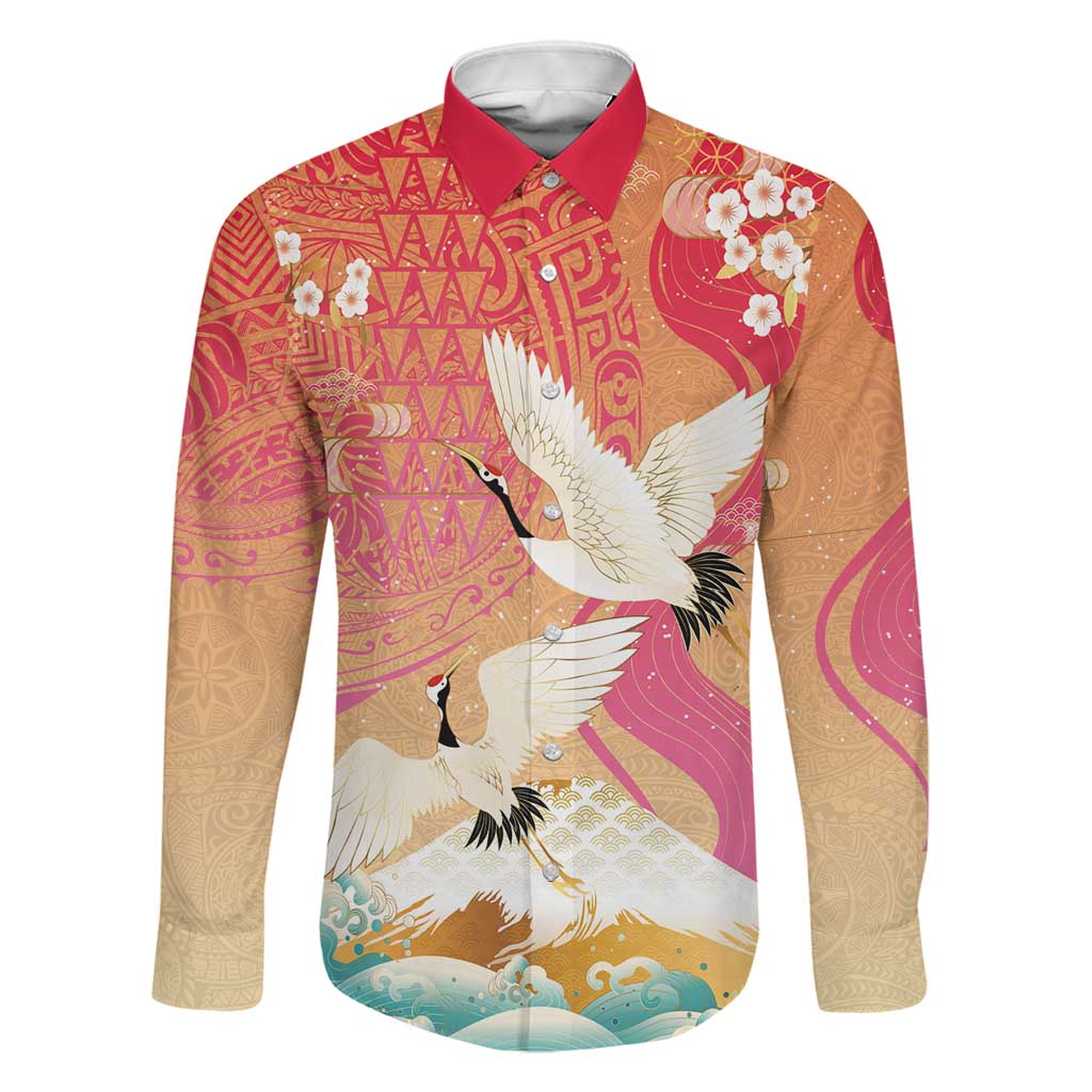 Hawaiian and Japanese Culture Together Family Matching Off Shoulder Maxi Dress and Hawaiian Shirt Kakau Art Tattoo with Cranes and Sakura Spring Vibe LT03 Dad's Shirt - Long Sleeve Multicolor - Polynesian Pride