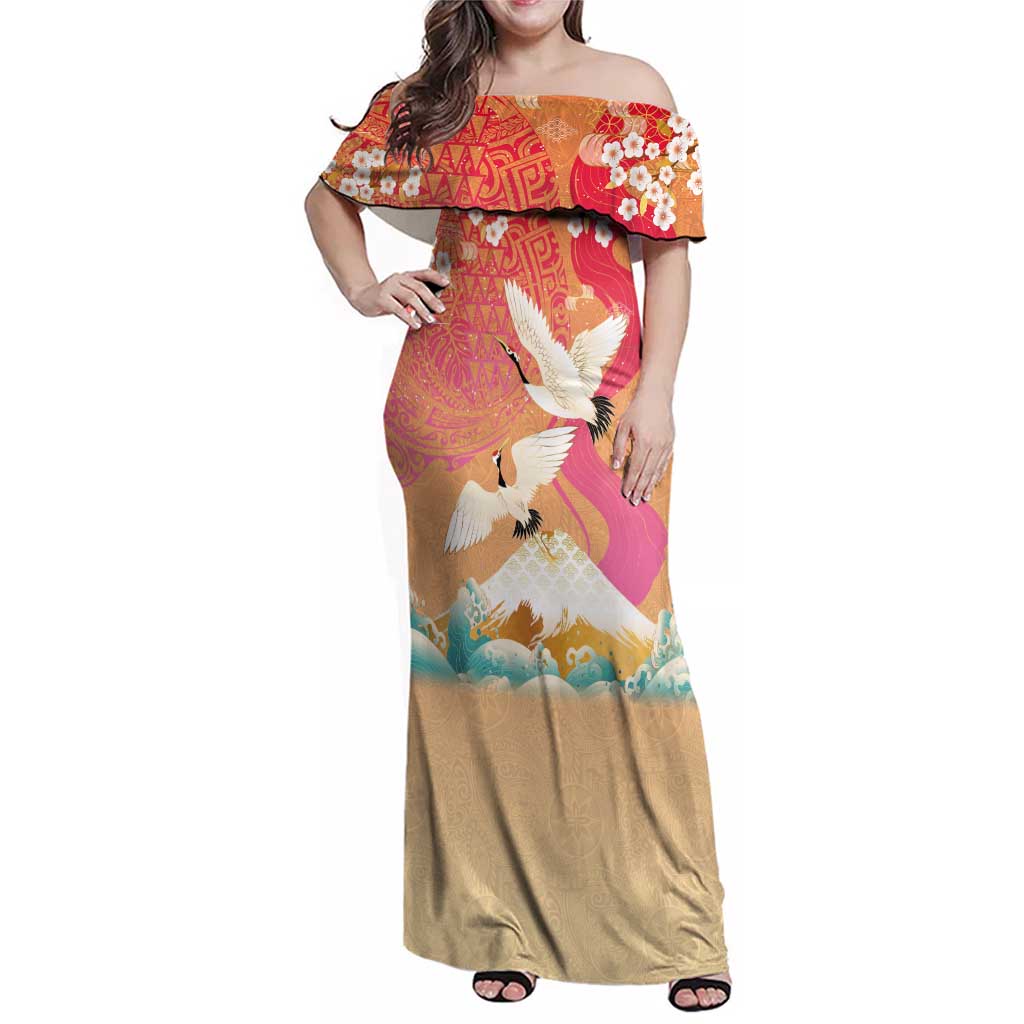 Hawaiian and Japanese Culture Together Family Matching Off Shoulder Maxi Dress and Hawaiian Shirt Kakau Art Tattoo with Cranes and Sakura Spring Vibe LT03 Mom's Dress Multicolor - Polynesian Pride