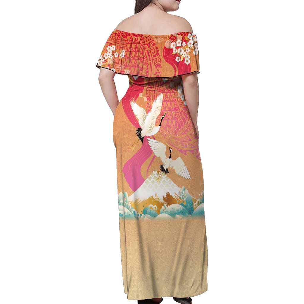 Hawaiian and Japanese Culture Together Family Matching Off Shoulder Maxi Dress and Hawaiian Shirt Kakau Art Tattoo with Cranes and Sakura Spring Vibe LT03 - Polynesian Pride