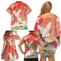 Hawaiian and Japanese Culture Together Family Matching Off Shoulder Short Dress and Hawaiian Shirt Kakau Art Tattoo with Cranes and Sakura Spring Vibe LT03 - Polynesian Pride