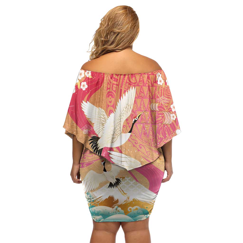 Hawaiian and Japanese Culture Together Family Matching Off Shoulder Short Dress and Hawaiian Shirt Kakau Art Tattoo with Cranes and Sakura Spring Vibe LT03 - Polynesian Pride