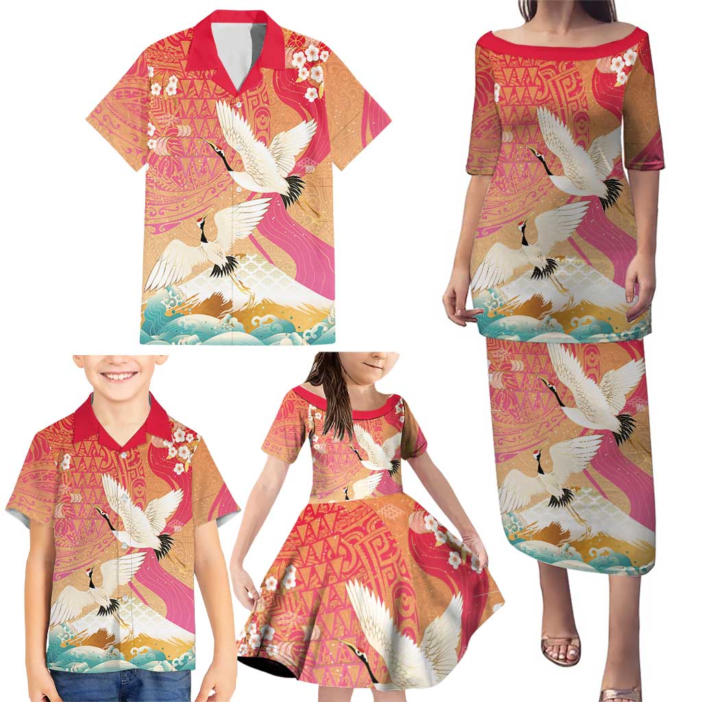 Hawaiian and Japanese Culture Together Family Matching Puletasi and Hawaiian Shirt Kakau Art Tattoo with Cranes and Sakura Spring Vibe - Polynesian Pride