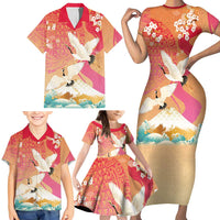 Hawaiian and Japanese Culture Together Family Matching Short Sleeve Bodycon Dress and Hawaiian Shirt Kakau Art Tattoo with Cranes and Sakura Spring Vibe LT03 - Polynesian Pride