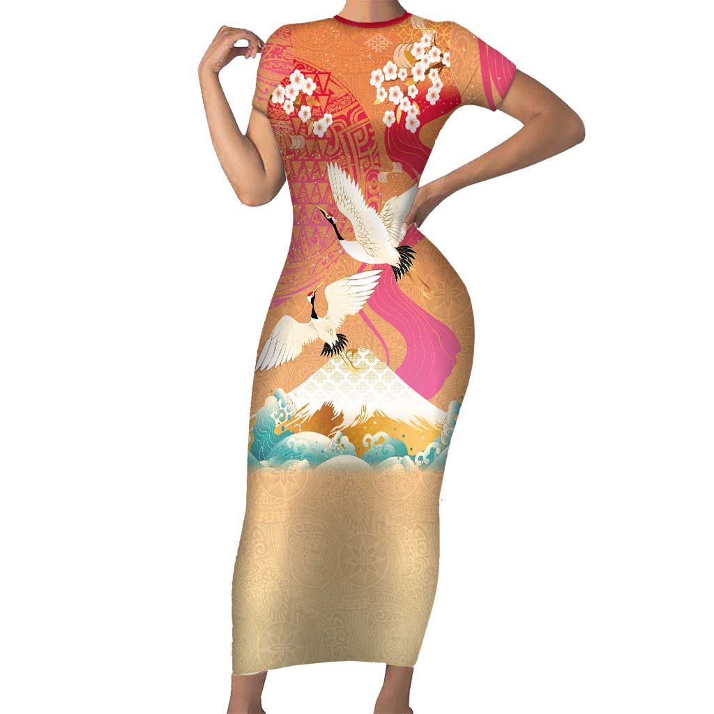 Hawaiian and Japanese Culture Together Family Matching Short Sleeve Bodycon Dress and Hawaiian Shirt Kakau Art Tattoo with Cranes and Sakura Spring Vibe LT03 Mom's Dress Multicolor - Polynesian Pride