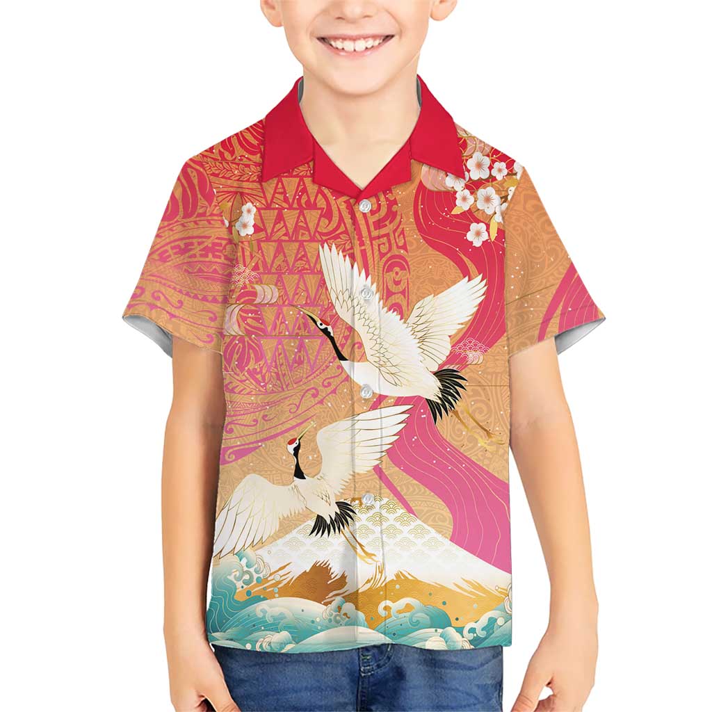 Hawaiian and Japanese Culture Together Family Matching Short Sleeve Bodycon Dress and Hawaiian Shirt Kakau Art Tattoo with Cranes and Sakura Spring Vibe LT03 Son's Shirt Multicolor - Polynesian Pride