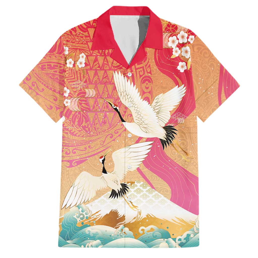 Hawaiian and Japanese Culture Together Family Matching Summer Maxi Dress and Hawaiian Shirt Kakau Art Tattoo with Cranes and Sakura Spring Vibe LT03 Dad's Shirt - Short Sleeve Multicolor - Polynesian Pride