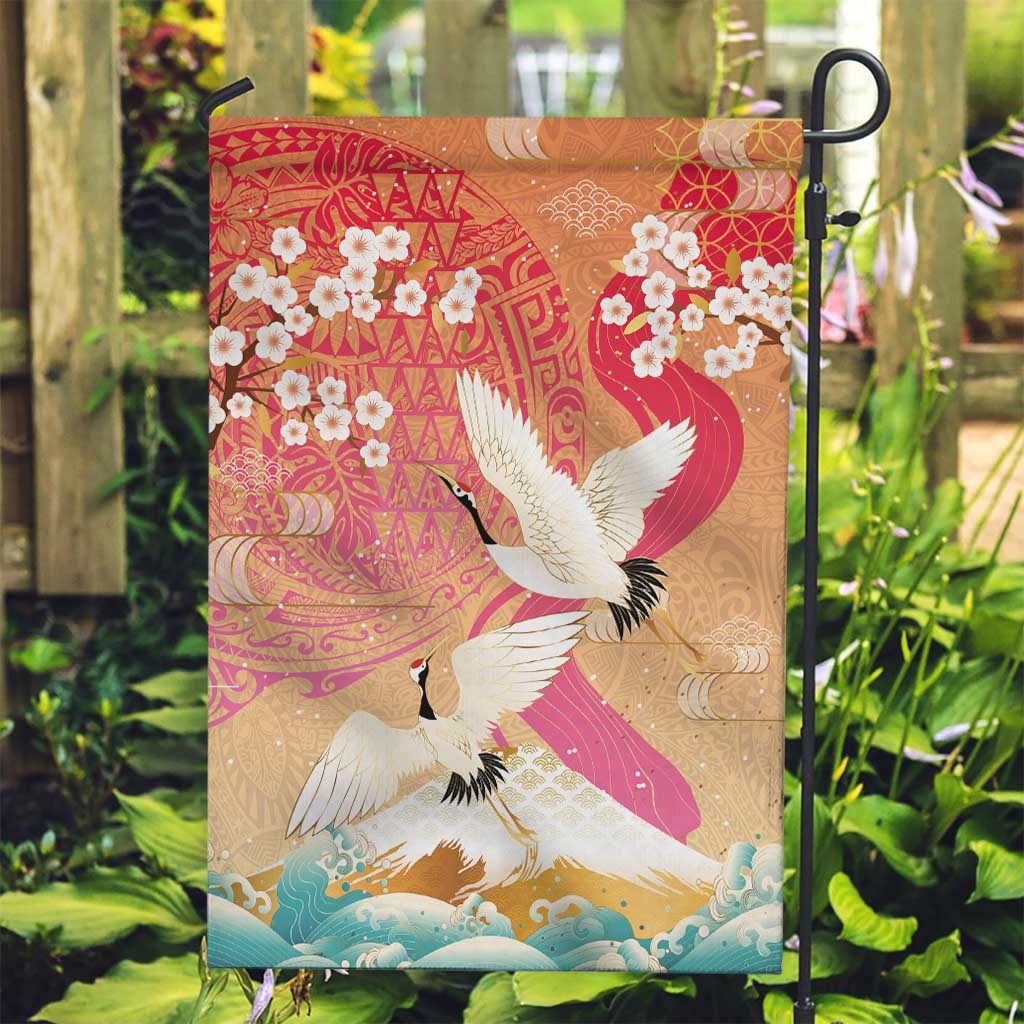 Hawaiian and Japanese Culture Together Garden Flag Kakau Art Tattoo with Cranes and Sakura Spring Vibe LT03 Garden Flag Multicolor - Polynesian Pride