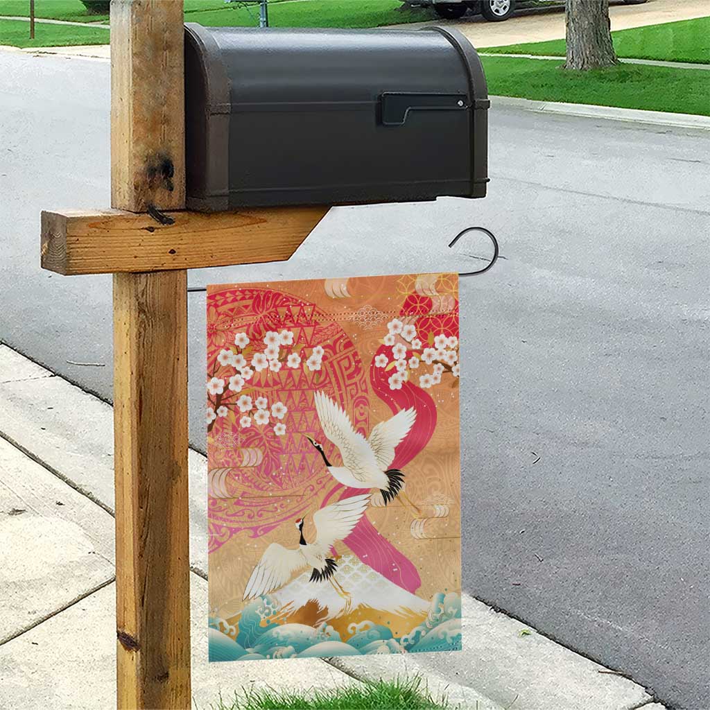 Hawaiian and Japanese Culture Together Garden Flag Kakau Art Tattoo with Cranes and Sakura Spring Vibe LT03 - Polynesian Pride